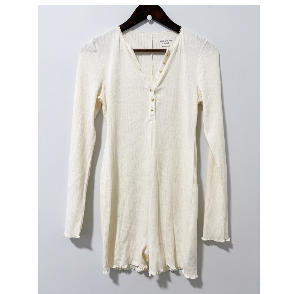 American Eagle Romper Women Size M Cream Long Sleeve Pointelle Henley AE Lounge